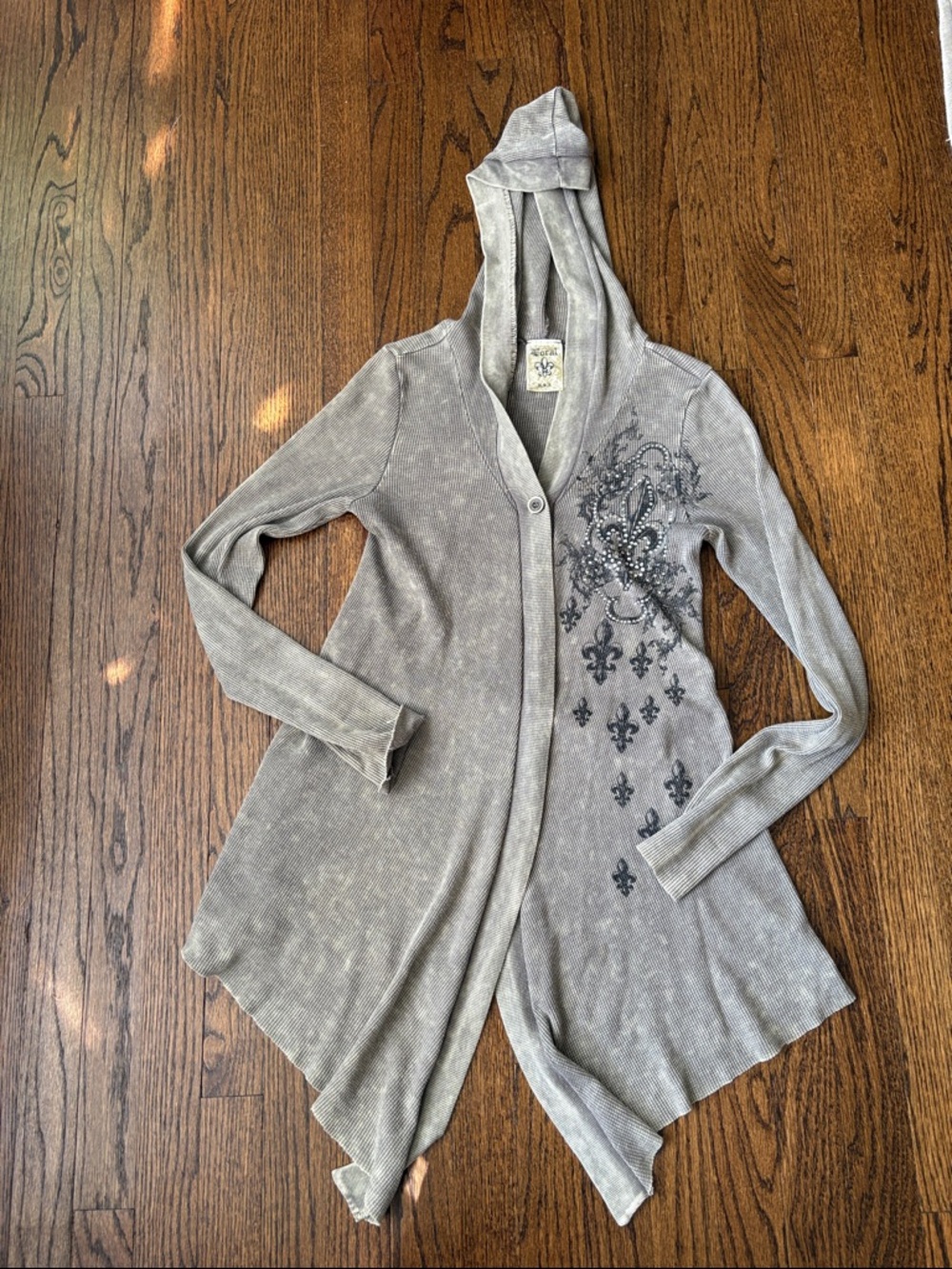 Vocal Embellished Flowy Hooded Cardigan in tan-grey blend